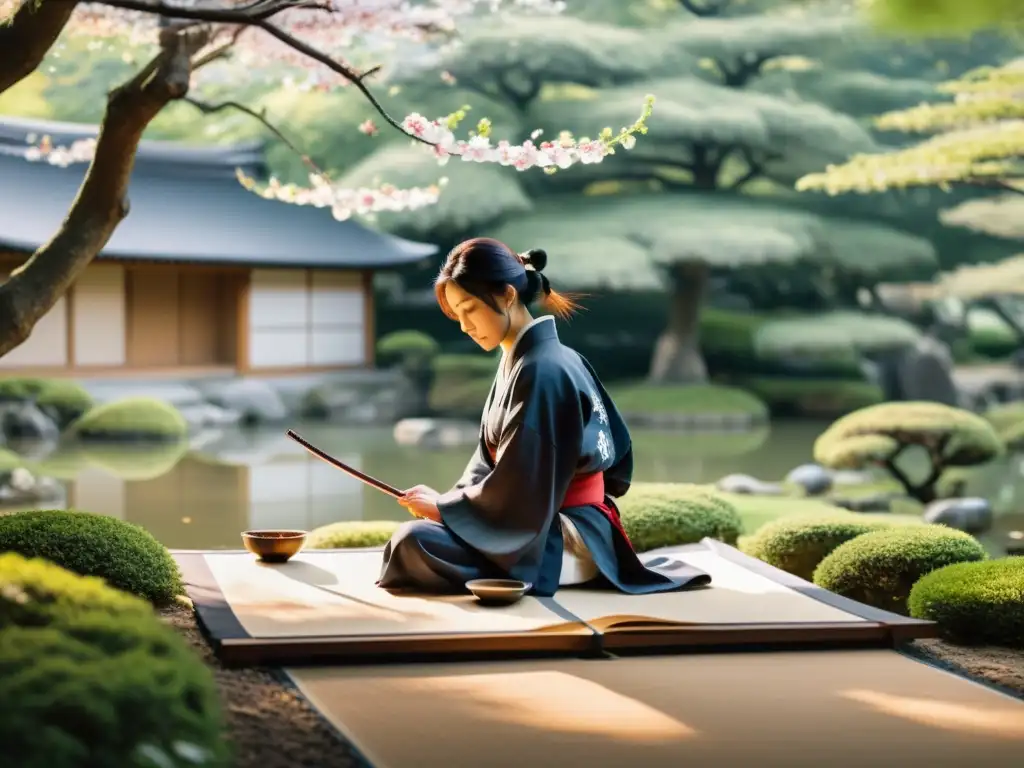 Práctica matutina de haiku samurái en un sereno jardín japonés al amanecer con sakura floreciendo