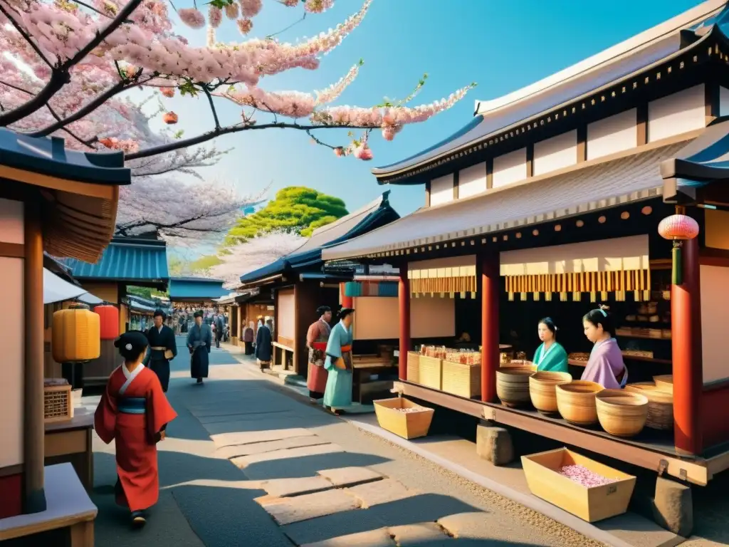 Mercaderes intercambian bienes bajo cerezos en flor, celebrando contratos comerciales al estilo samurái en un mercado japonés feudal