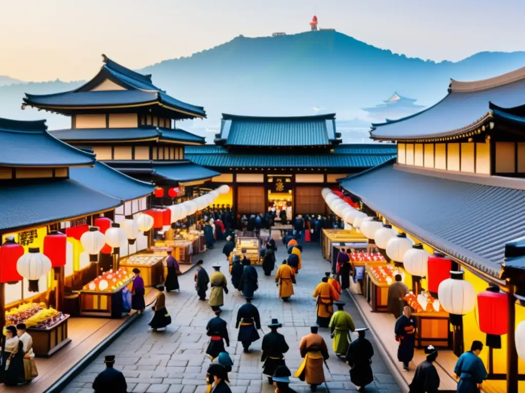 Mercado bullicioso en Edo, con comerciantes y clientes regateando, coloridas banderas y el castillo del shogunato, reflejando el comercio en la caída del Shogunato