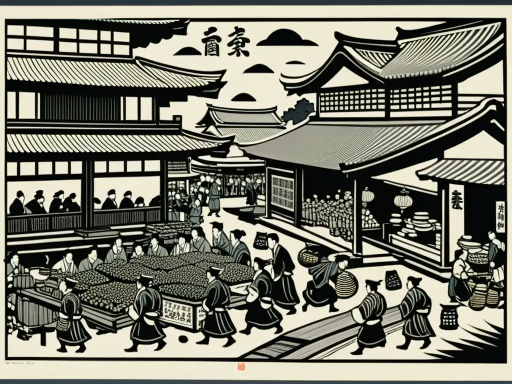 Woodblock print de mercado japonés durante el Sakoku, con samuráis intercambiando bienes