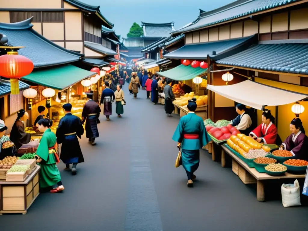 Un mercado japonés tradicional durante la era samurái, con vendedores y guerreros vendiendo sus productos