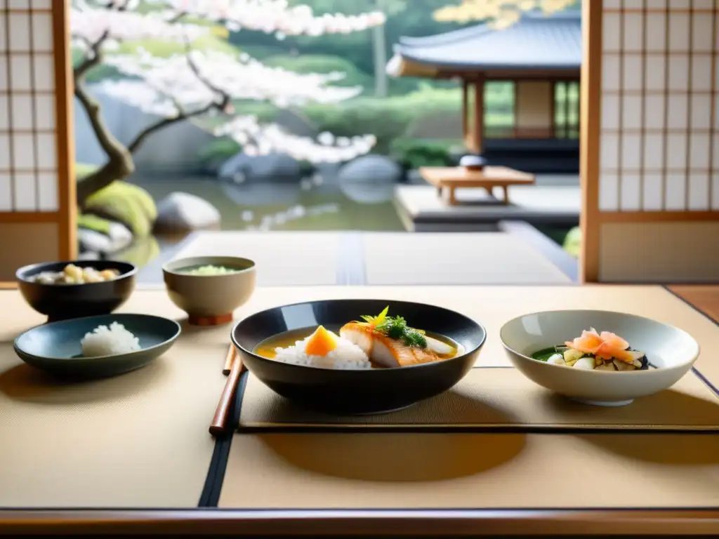 Una mesa japonesa con comida tradicional, iluminada por luz natural