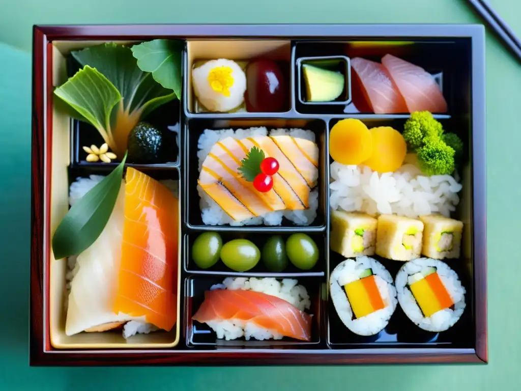 Una meticulosa y vibrante presentación de un bento japonés tradicional en un jardín sereno, reflejando la gastronomía samurái dieta tradicional