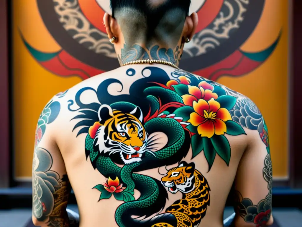 Un miembro Yakuza revela su impresionante tatuaje irezumi en una habitación tradicional japonesa, evocando la ética del código samurái y Yakuza