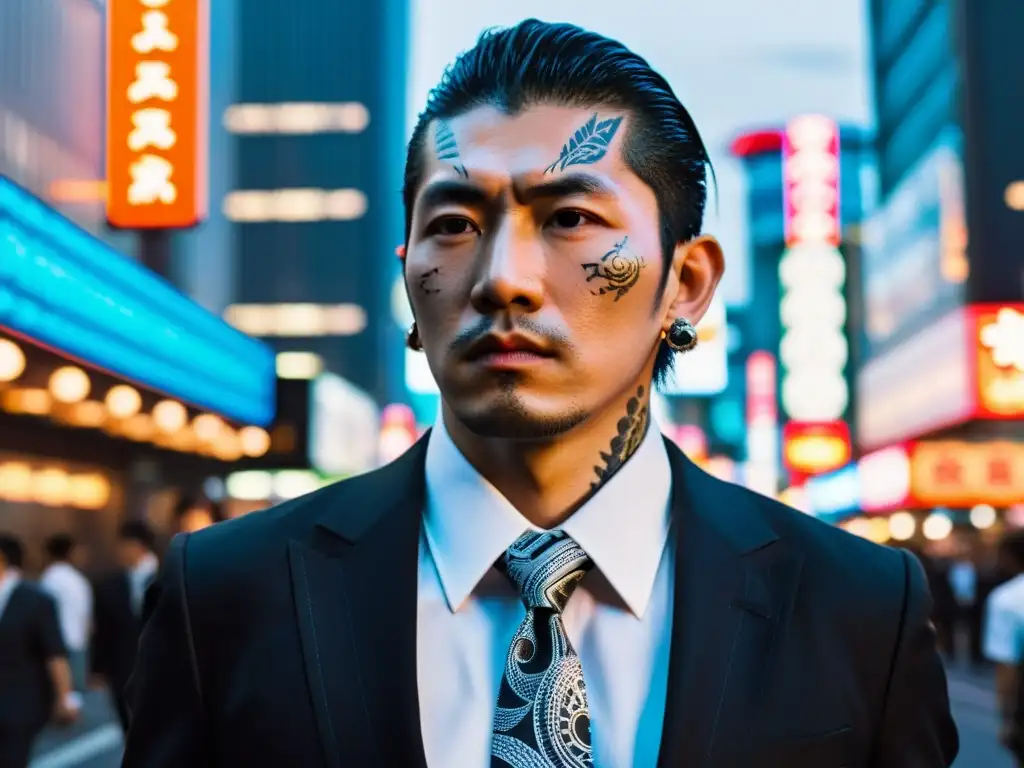 Un miembro de Yakuza con traje negro, tatuajes visibles, en las bulliciosas calles de Tokio