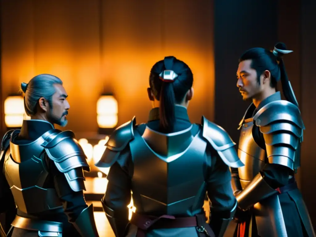 Reunión de samuráis del clan Seiwa Genji: determinación y tensión Rebelión Seiwa Genji: Samuráis Minamoto en tensa reunión estratégica bajo luz tenue