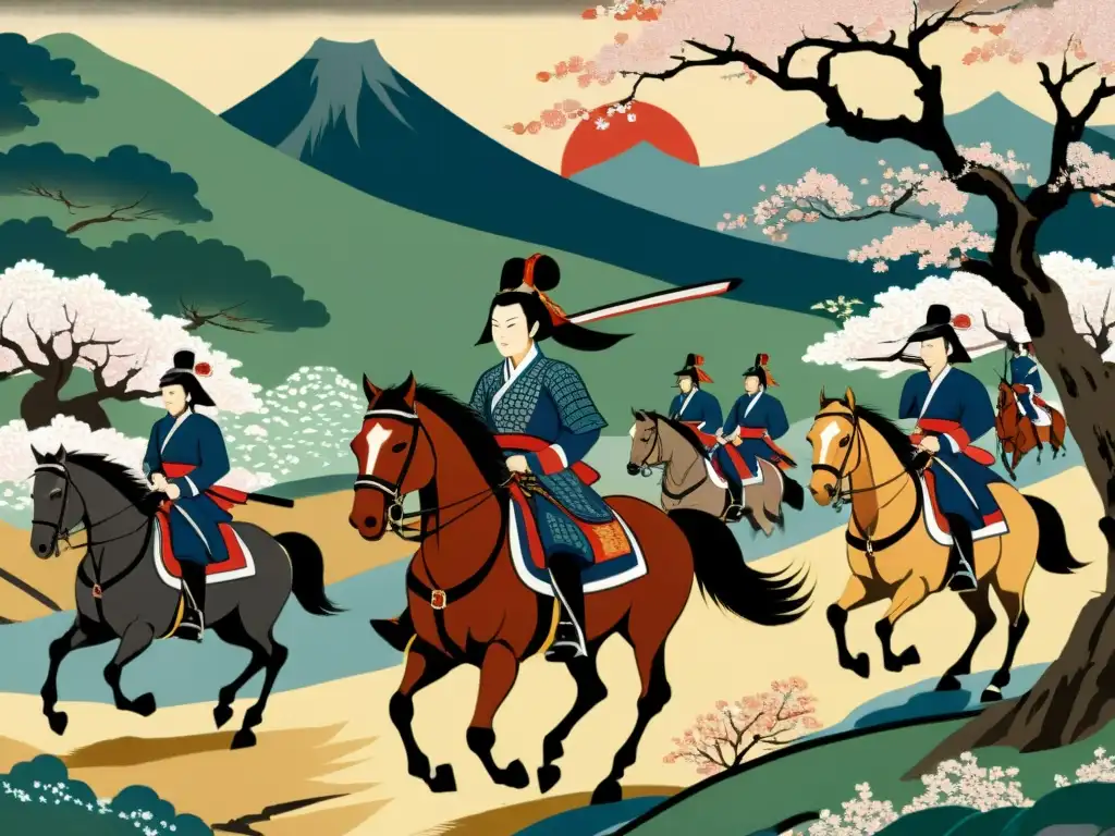 Minamoto no Yoshitsune lidera valiente carga militar en pintura documental, expresando heroísmo en la guerra Genpei