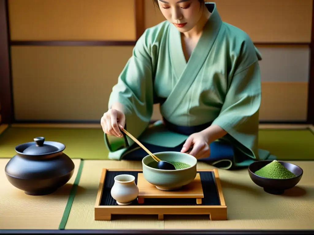 Misterio del Samurai Ryoma Sakamoto: Ceremonia japonesa del té en una sala serena con iluminación cálida y detalles exquisitos