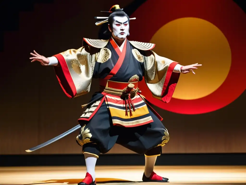 Mística escena de teatro kabuki con samurái en armadura y kimono rojo y dorado, emanando determinación y poder en el escenario