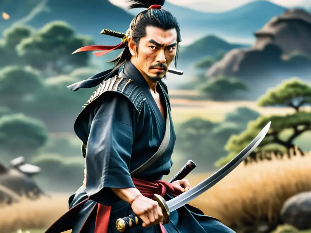 Miyamoto Musashi en épica batalla samurái, con precisión y emoción