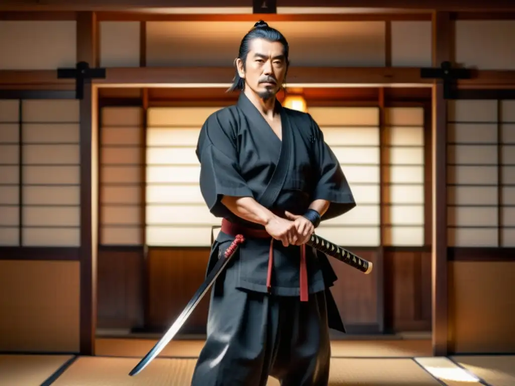 Miyamoto Musashi, el legendario samurái, en un dojo japonés con caligrafía y armas tradicionales