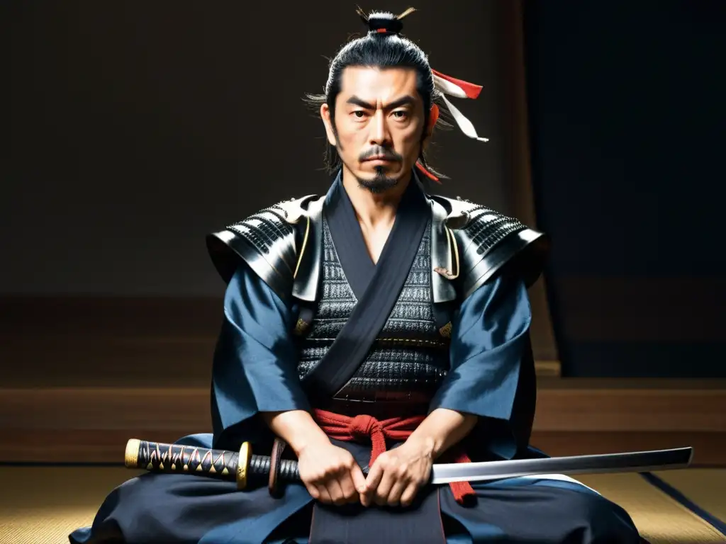 Miyamoto Musashi en posición seiza, con expresión seria, armadura samurái y katana