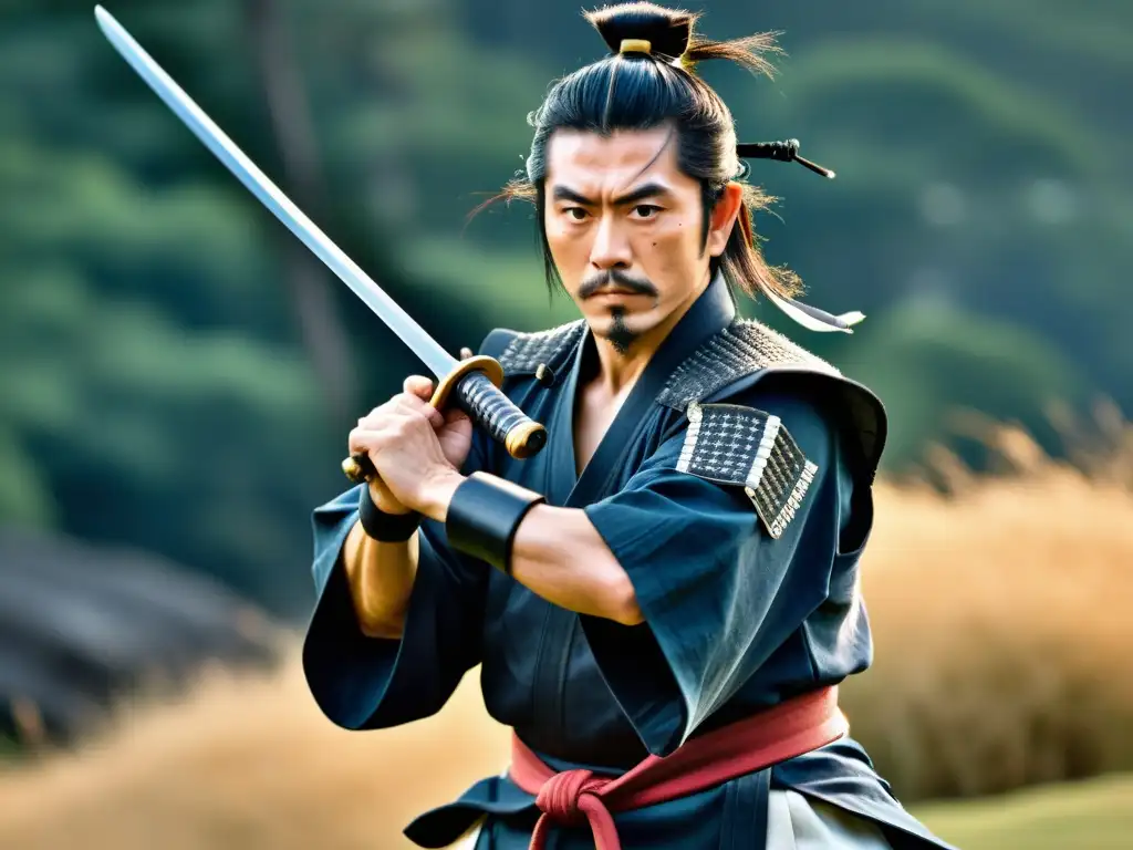 Miyamoto Musashi en postura de combate con dos katanas, detallado armadura samurái y expresión serena pero intensa