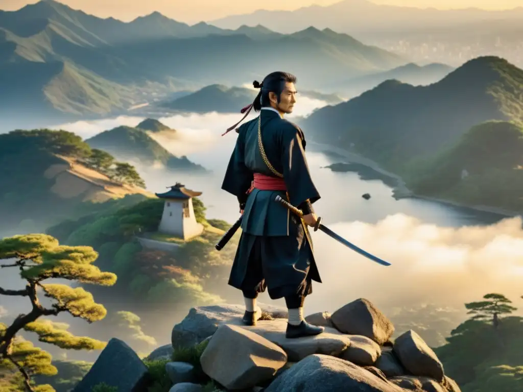 Miyamoto Musashi, samurái legendario, contempla sereno el paisaje japonés al atardecer, con su mano en la empuñadura de su katana