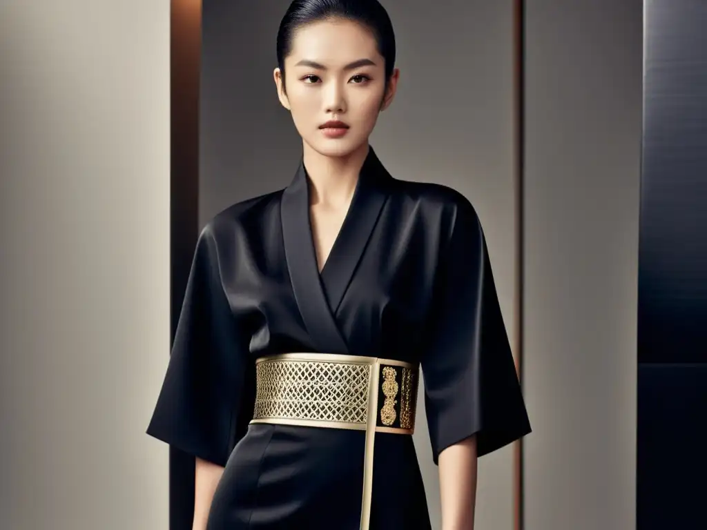 Una modelo de moda moderna luce un elegante vestido kimono negro inspirado en la armadura samurái