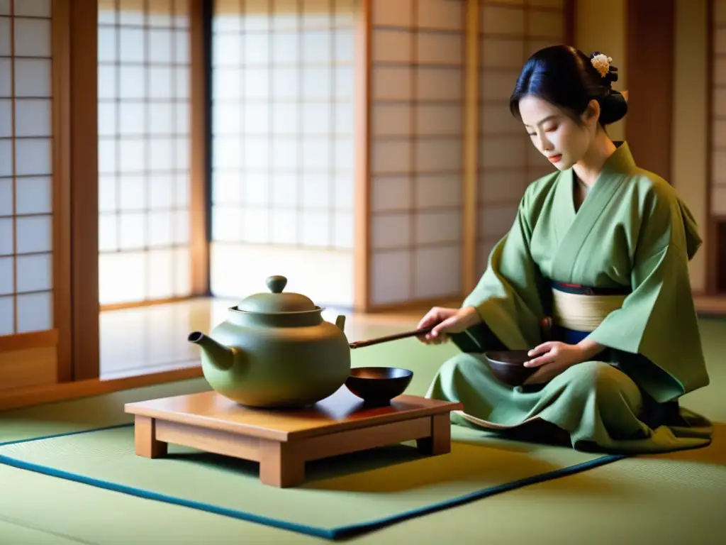 Un momento de la ceremonia del té japonés, destacando la precisión del maestro del té al preparar matcha en una sala de té intrincadamente diseñada