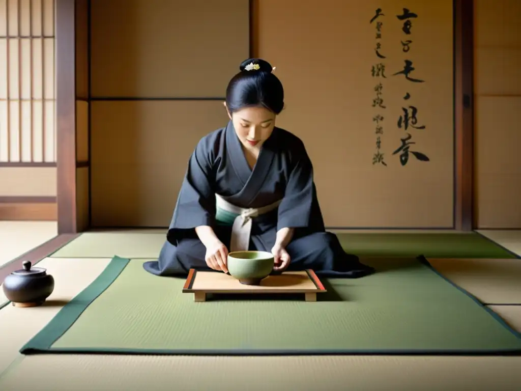 Un momento de serena reverencia y refinamiento cultural durante una ceremonia del té japonés en una habitación minimalista