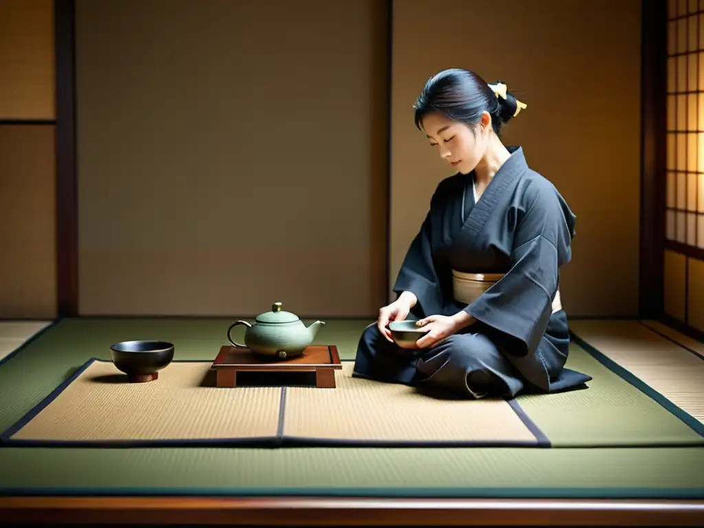 Un momento de serenidad y armonía en una ceremonia del té tradicional japonesa, que refleja la ética samurái influenciada por el confucianismo