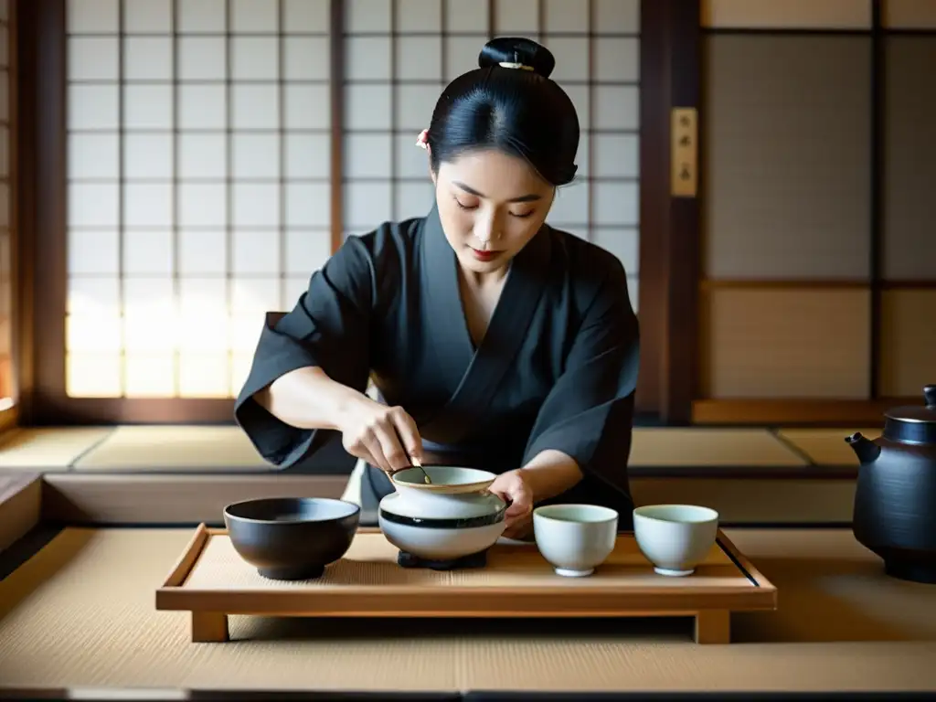 Un momento sereno en una ceremonia del té japonés, mostrando la influencia del confucianismo en samurái