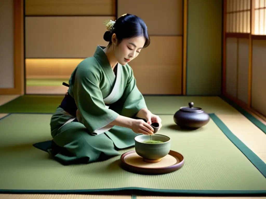 Un momento sereno y detallado de una ceremonia de té japonesa en una tranquila sala tatami