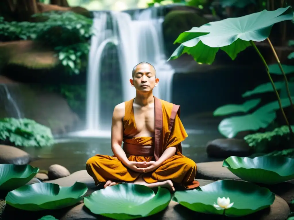 Un monje Zen en meditación, rodeado de naturaleza, transmite calma y paz interior