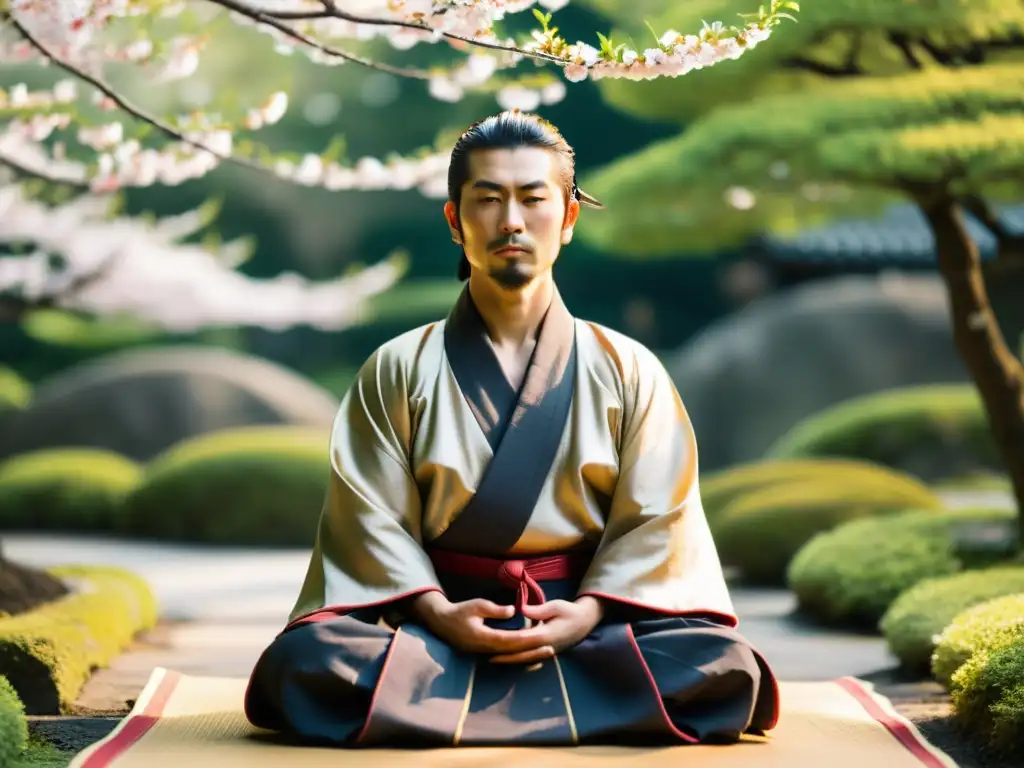 Un monje zen samurái medita sereno en un jardín japonés con cerezos en flor