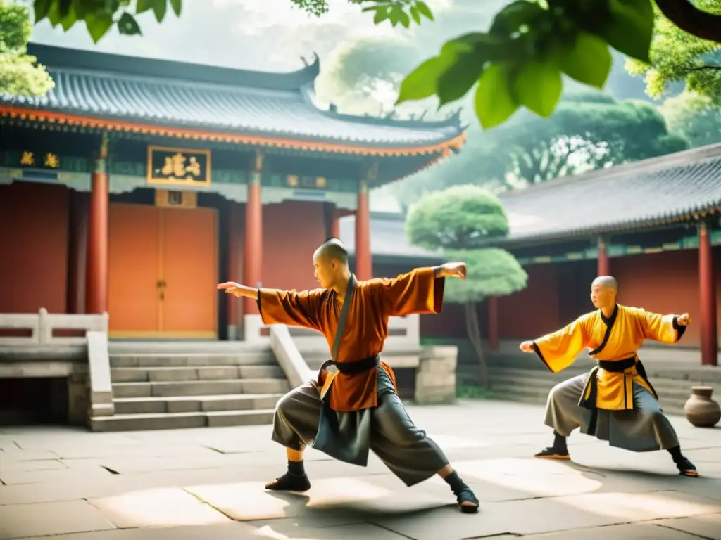 Monjes Shaolin practicando artes marciales en un tranquilo templo, reflejando la comparación entre el código de conducta Bushido y Shaolin