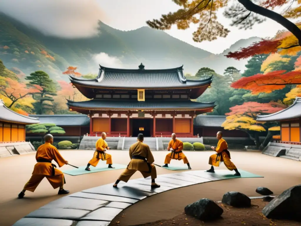 Monjes Shaolin practicando artes marciales en un paisaje montañoso con templo japonés y follaje otoñal