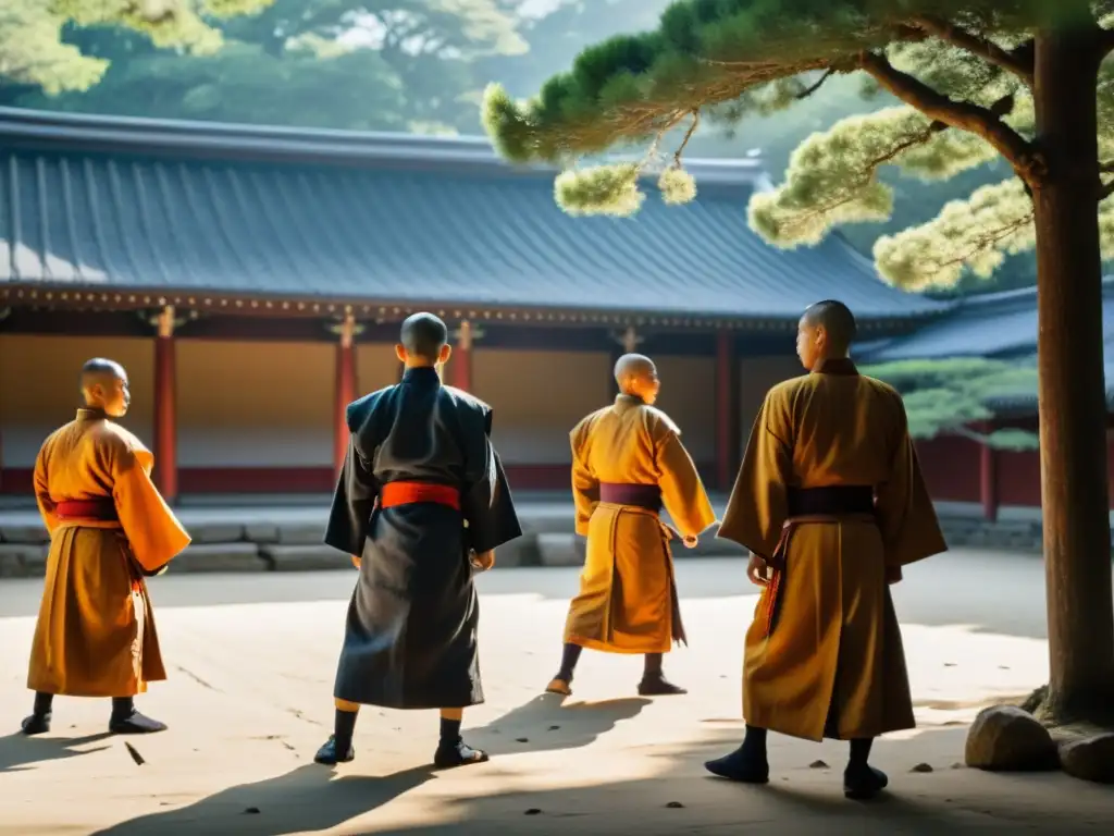 Monjes Sohei practicando artes marciales en el templo Monjes Sohei practican artes marciales en un templo, inmersos en la espiritualidad samurái y el Sohei