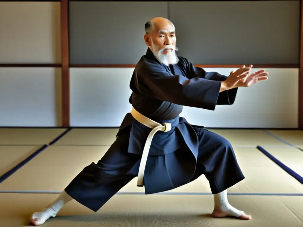 Morihei Ueshiba, maestro legendario de Kendo, ejecuta una técnica precisa con fuerza y serenidad en un tradicional dojo japonés