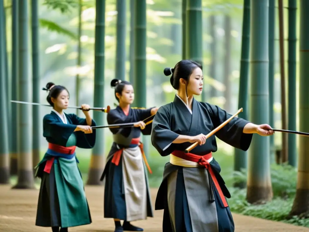 Meditación en movimiento samurái: Arqueros practicando kyudo en un bosque de bambú, con luz cálida filtrándose entre las hojas