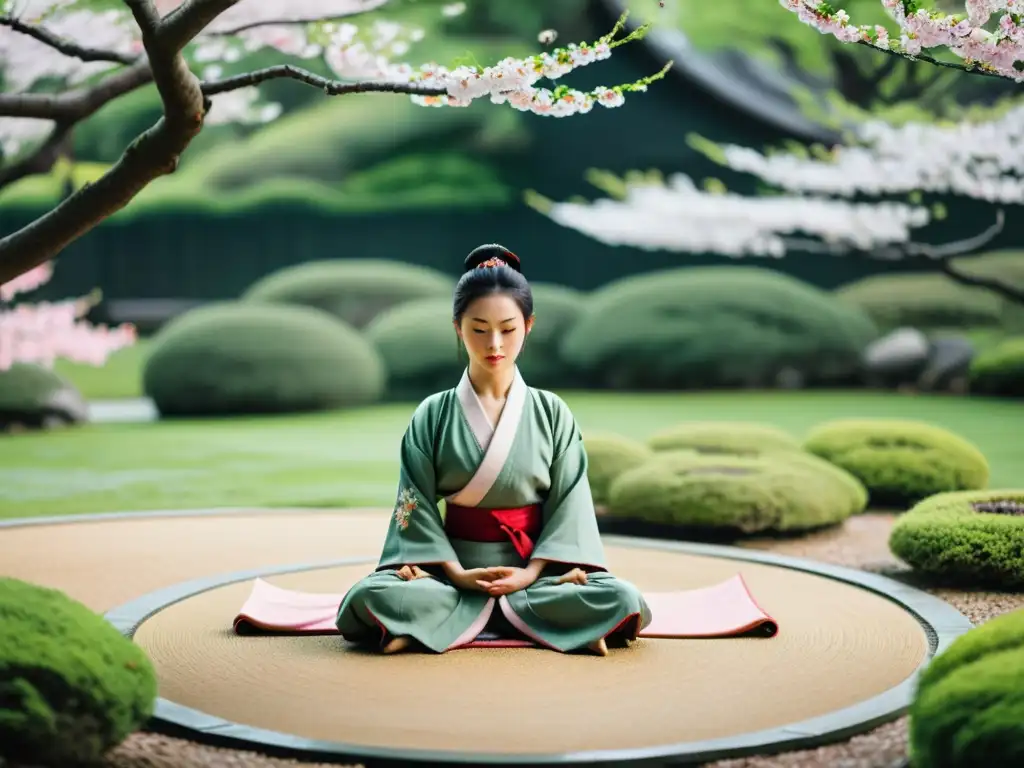 Meditación en movimiento samurái: Un samurái practica artes marciales en un jardín sereno y armonioso, entre cerezos en flor