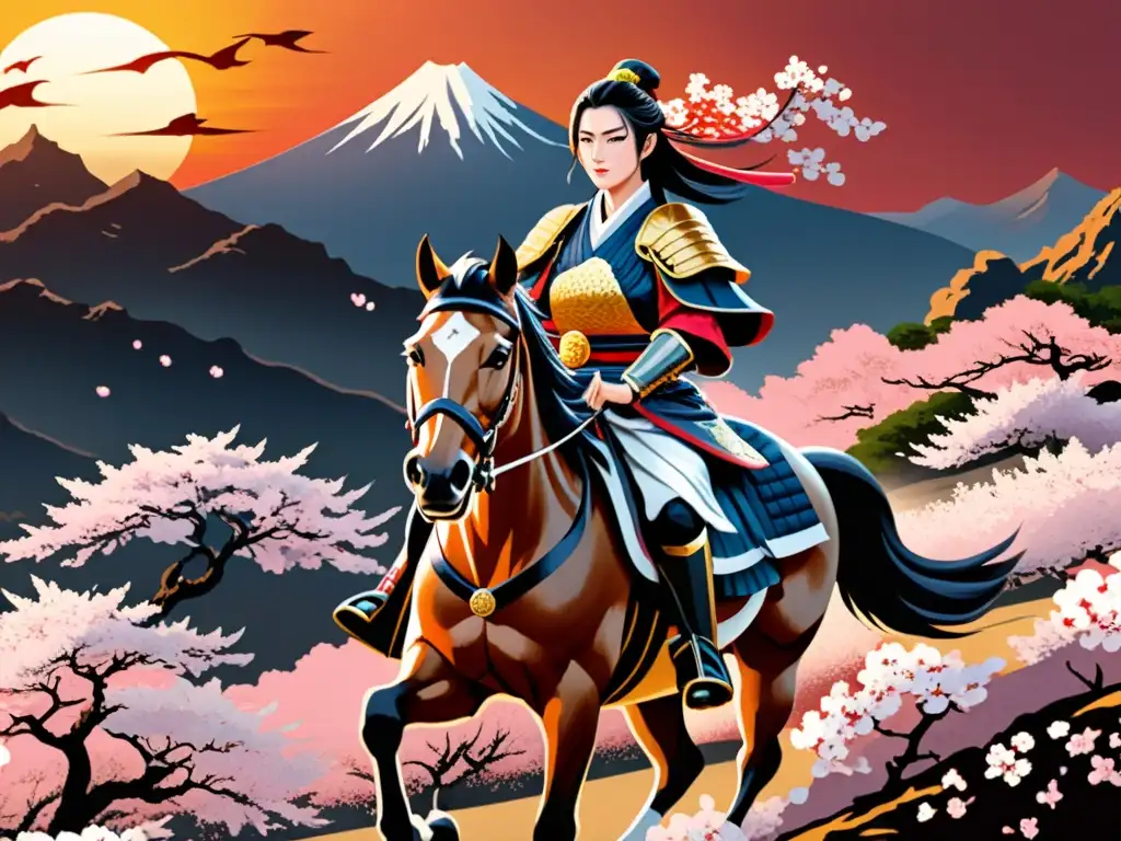 Mujer samurái Tomoe Gozen cabalga con valentía en armadura tradicional, empuñando un naginata en un escenario de batalla y flores de cerezo