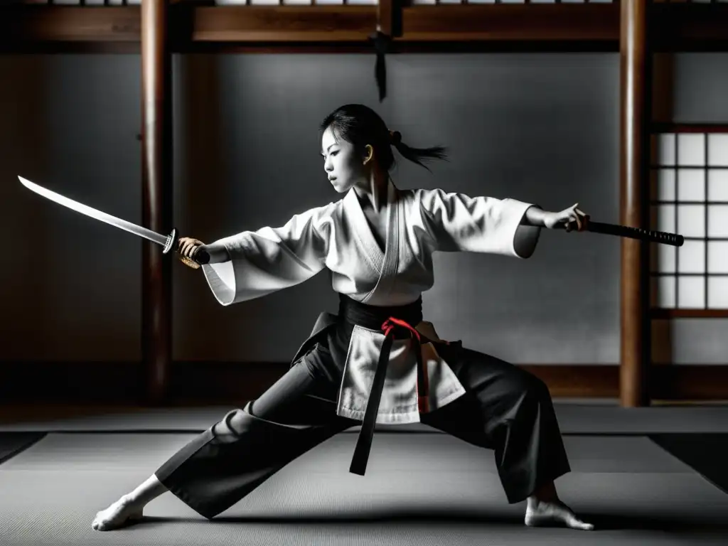 Una mujer samurái practica con precisión la esgrima con katana en un dojo japonés, reflejando la ética samurái y el papel de la mujer