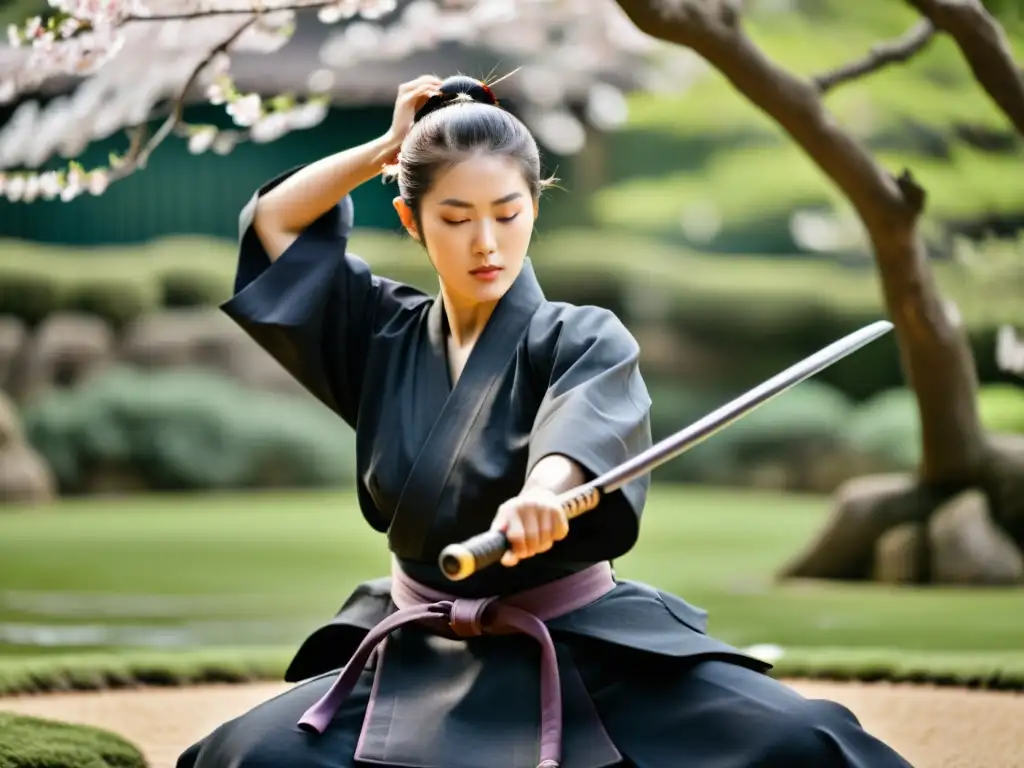 Mujer experta en el Iaido realiza un movimiento preciso en un jardín japonés tradicional con cerezos en flor