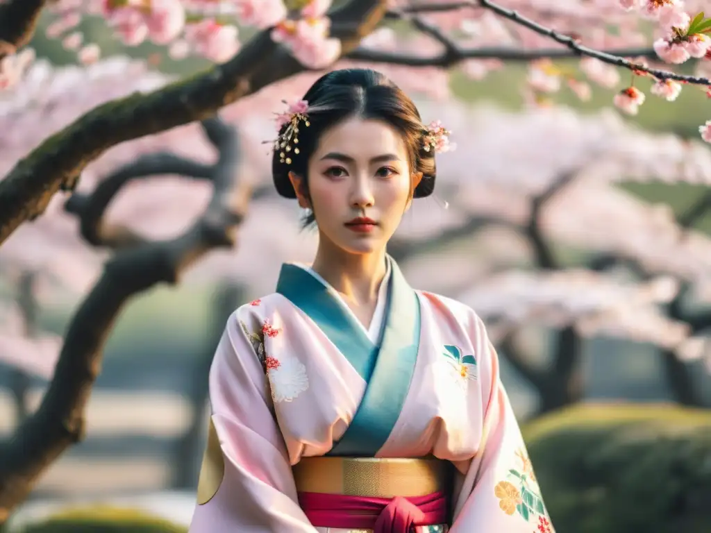 Una mujer japonesa con kimono y espada, rodeada de sakuras, representa fuerza y belleza cultural