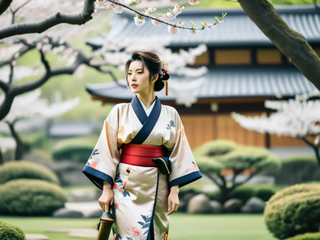 Una mujer japonesa tradicional en un jardín tranquilo con un samurái de fondo, representando la dinámica de género en la sociedad samurái