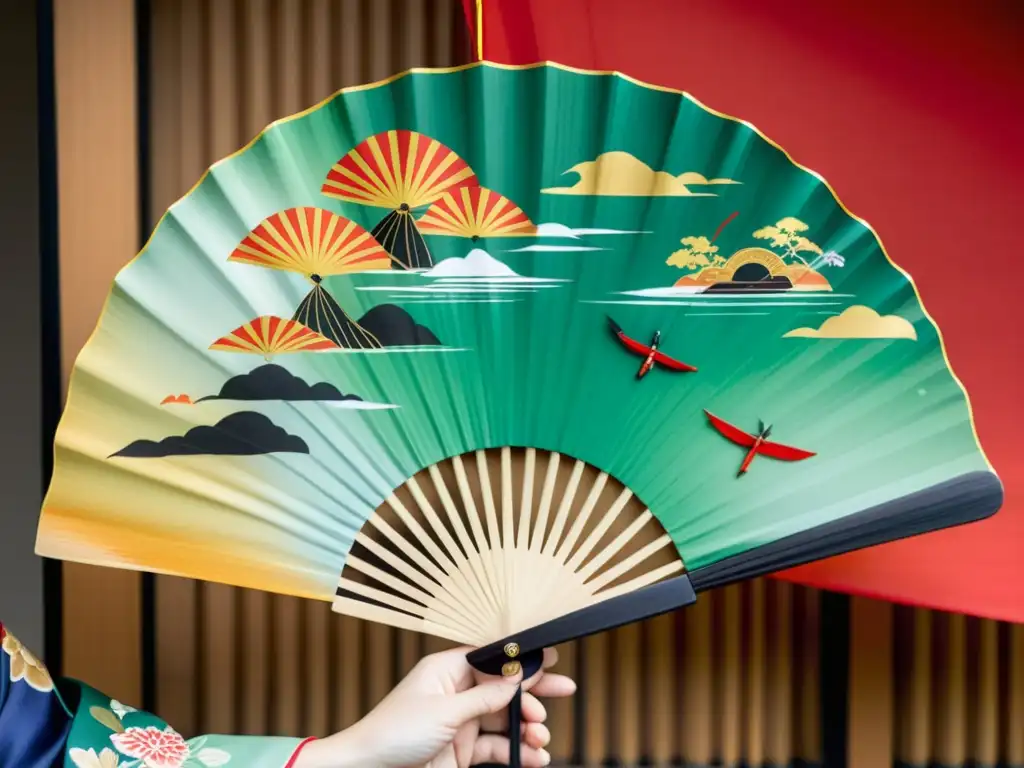 Una mujer con kimono sostiene un exquisito abanico decorado con escenas de la naturaleza y samuráis en una demostración de comunicación sutil