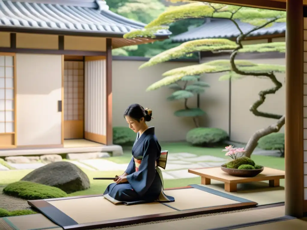 Una mujer en kimono cuida un ikebana en su casa japonesa, reflejando el rol de la esposa samurái