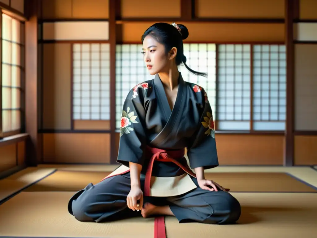 Una mujer samurái practica artes marciales con gracia y determinación en un dojo japonés, mostrando el rol de la mujer samurái con fuerza y elegancia