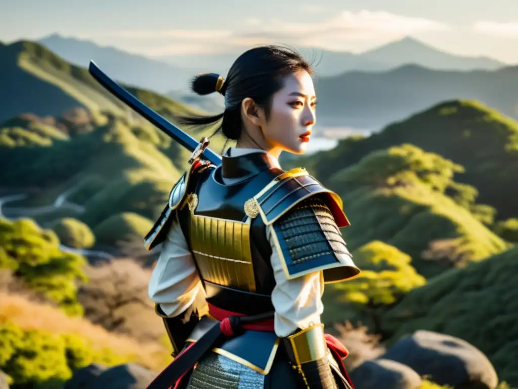 Una mujer moderna con armadura samurái, mirando un paisaje japonés, refleja el rol de la mujer samurái con fuerza y determinación