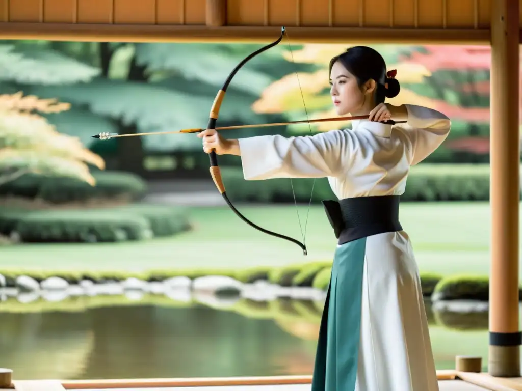 Una mujer practicante de kyudo con determinación, en un jardín japonés sereno