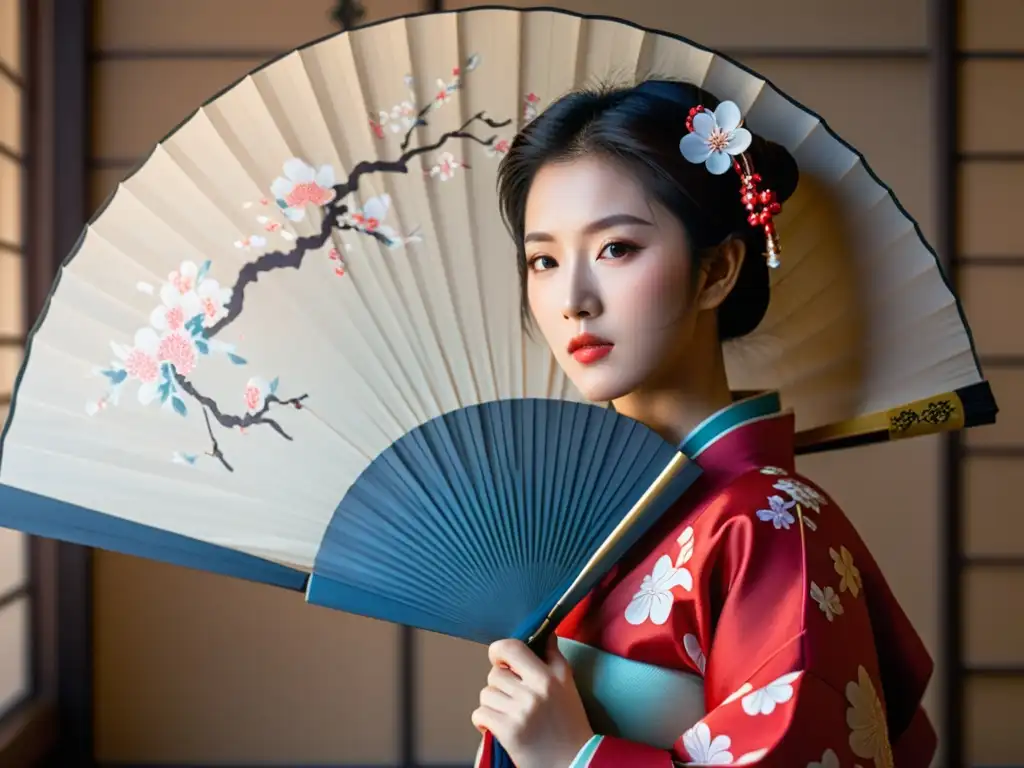 Una mujer samurái sostiene un abanico decorado con motivos de cerezos y caligrafía, en un jardín japonés