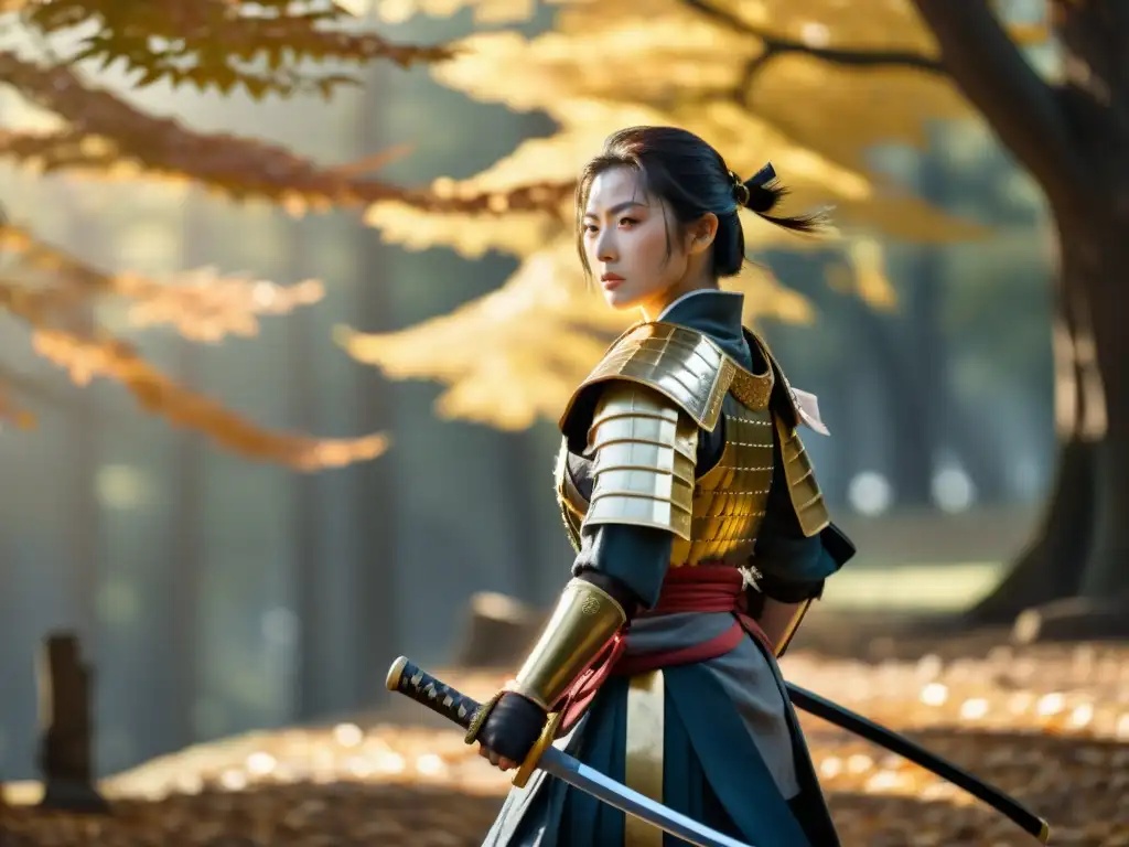 Una mujer samurai, con armadura tradicional, lista con su katana en un antiguo campo de batalla, representación mujer samurai teatro noh