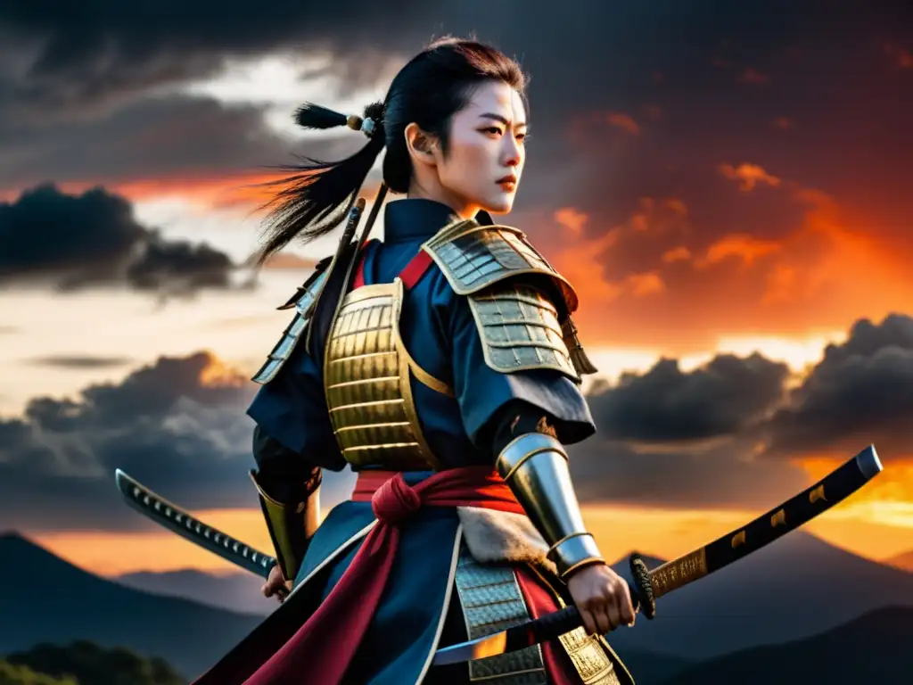 Tomoe Gozen, valentía de una mujer samurái en el campo de batalla al atardecer