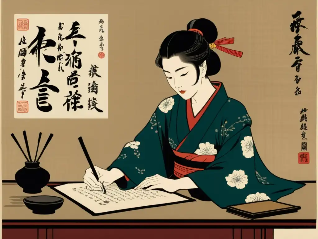 Mujer samurái escribiendo con determinación en un entorno sereno y delicado, rodeada de elementos tradicionales japoneses