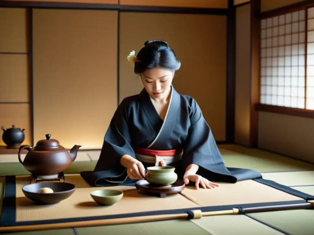 Una mujer samurái prepara té con gracia en una ceremonia del té influyente, en una habitación serena de tatami