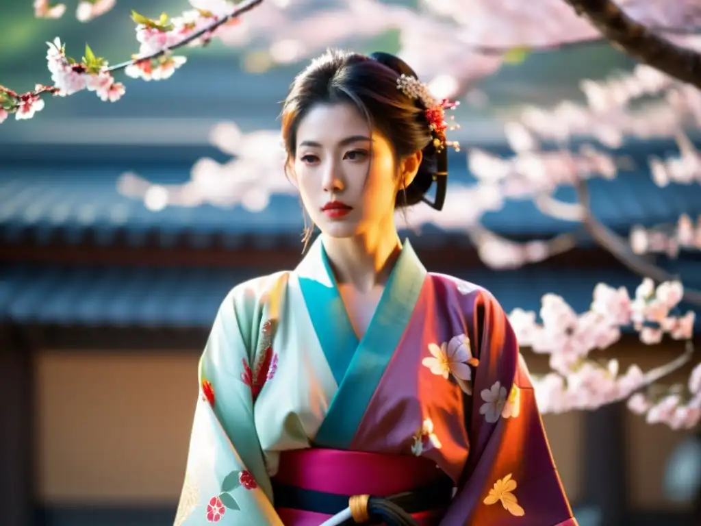 Una mujer samurái en kimono sostiene con determinación una katana, rodeada de hermosos cerezos en flor