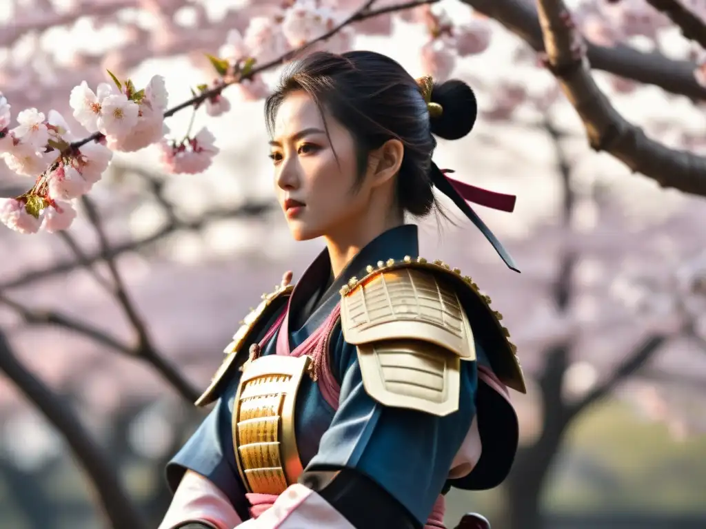 Representación de mujer samurai en el teatro Noh, con armadura tradicional y katana, rodeada de cerezos en flor