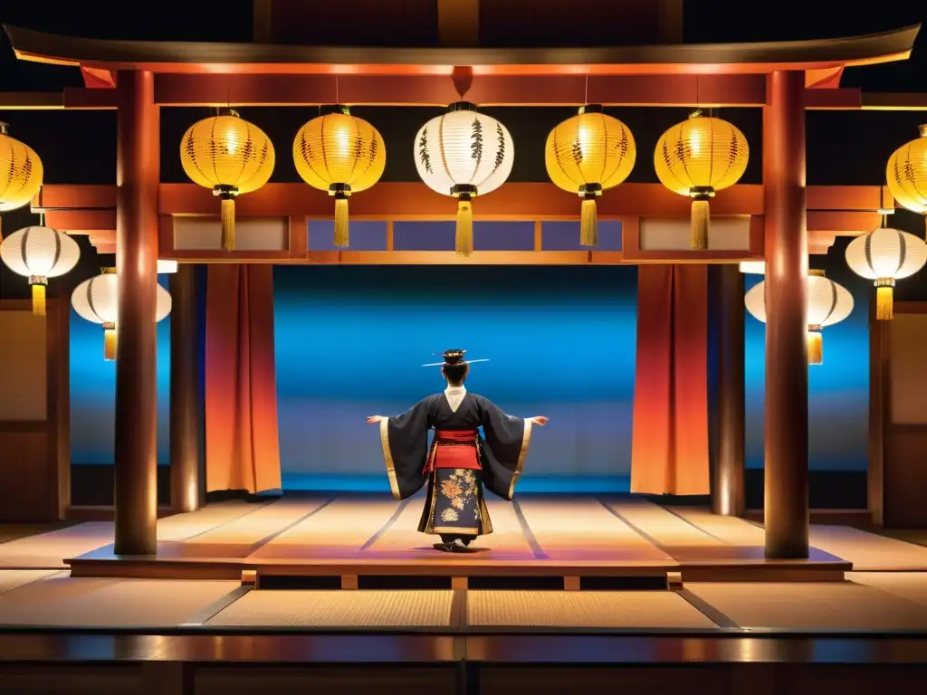 Representación de mujer samurai en teatro Noh, escenario tradicional japonés con arquitectura de madera y samuráis elegantes